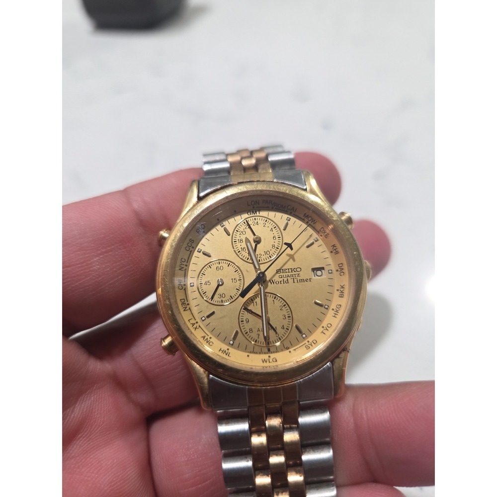 Vintage Seiko 5T52-6A29 World Timer GMT Alarm Gold Tone 37.5mm Watch